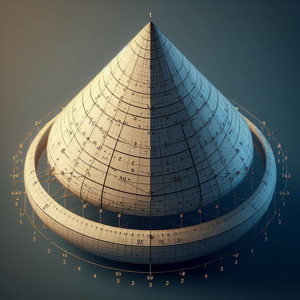 The surface area of a cone is calculated as a circle slice with a radius equal to the slant height. Area = 3.2r × ( r + √( r² + H² )